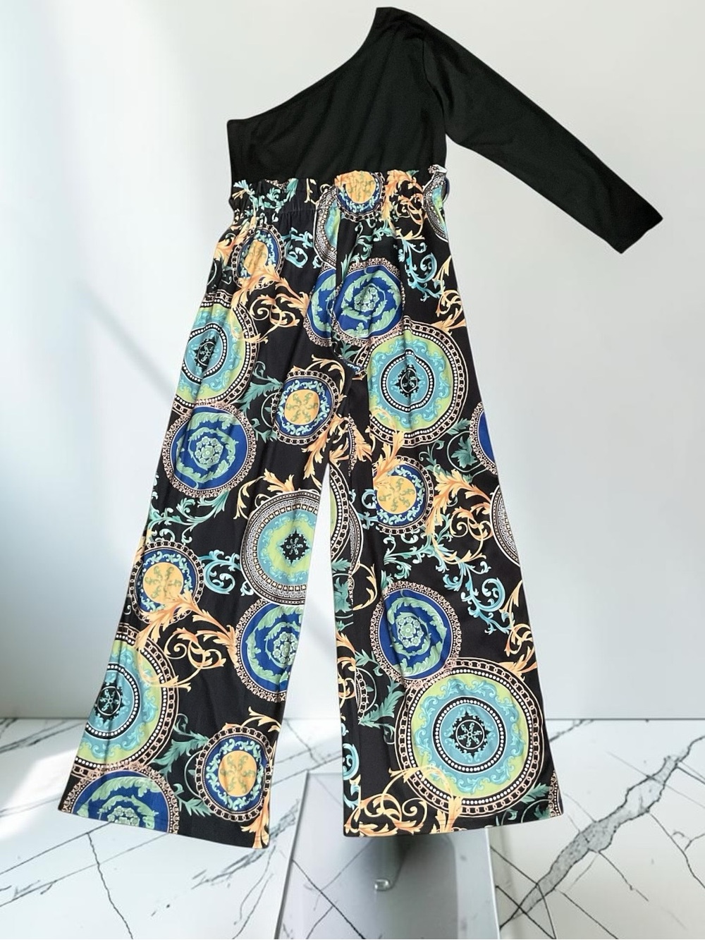 NWOT One-Shoulder Black Jumpsuit w/ Multicolor Wide Legs P:20” L:62” Inseam:27”
